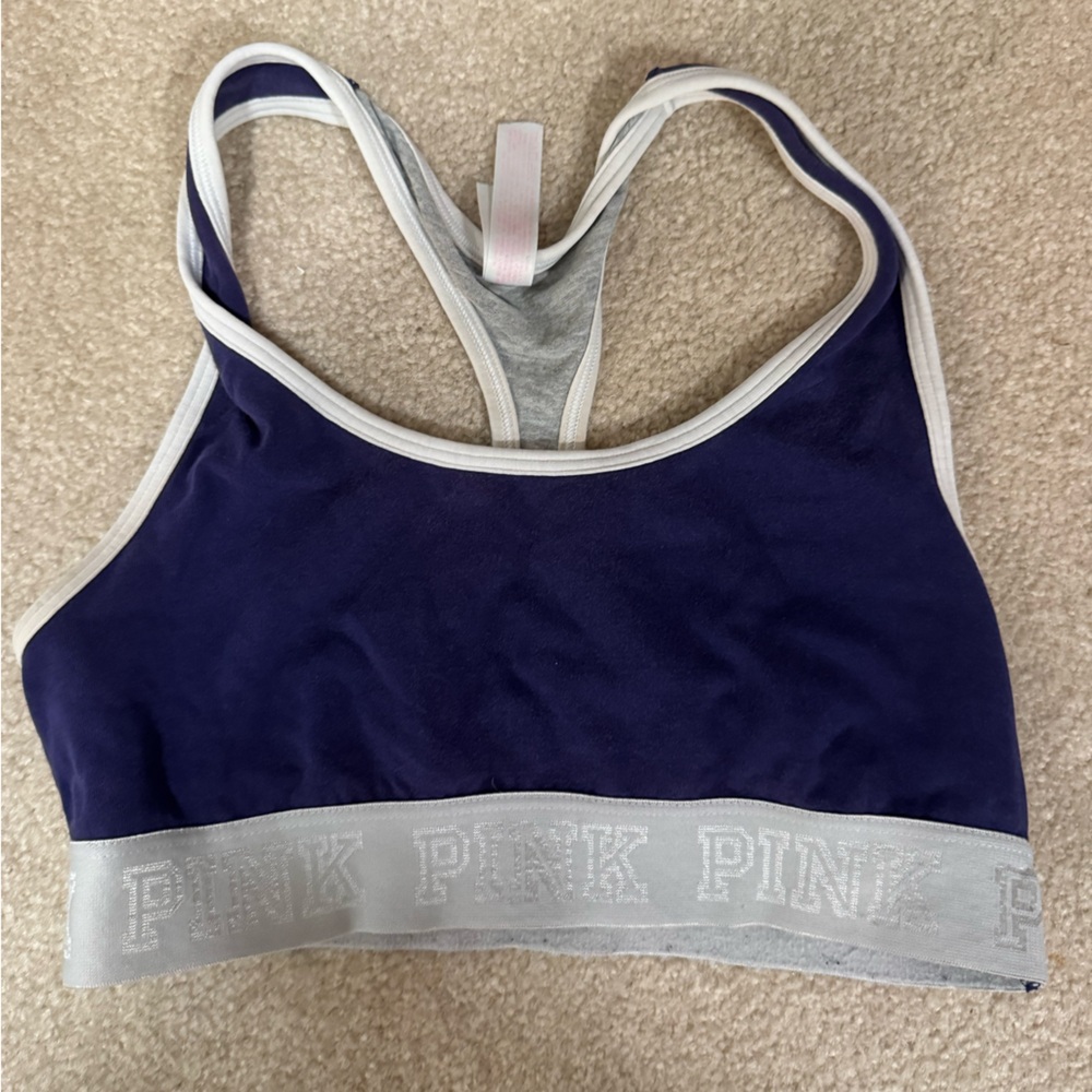 PINK Victoria's Secret Navy and Light Gray Racerback Sports Bra